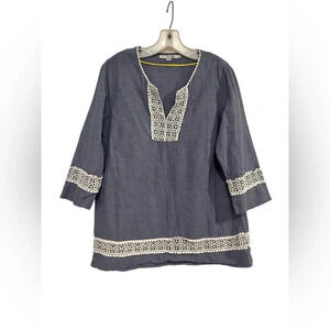 BODEN 12 Top Tunic Blue Chambray Embroidered Crochet Neckline Long Sleeve White